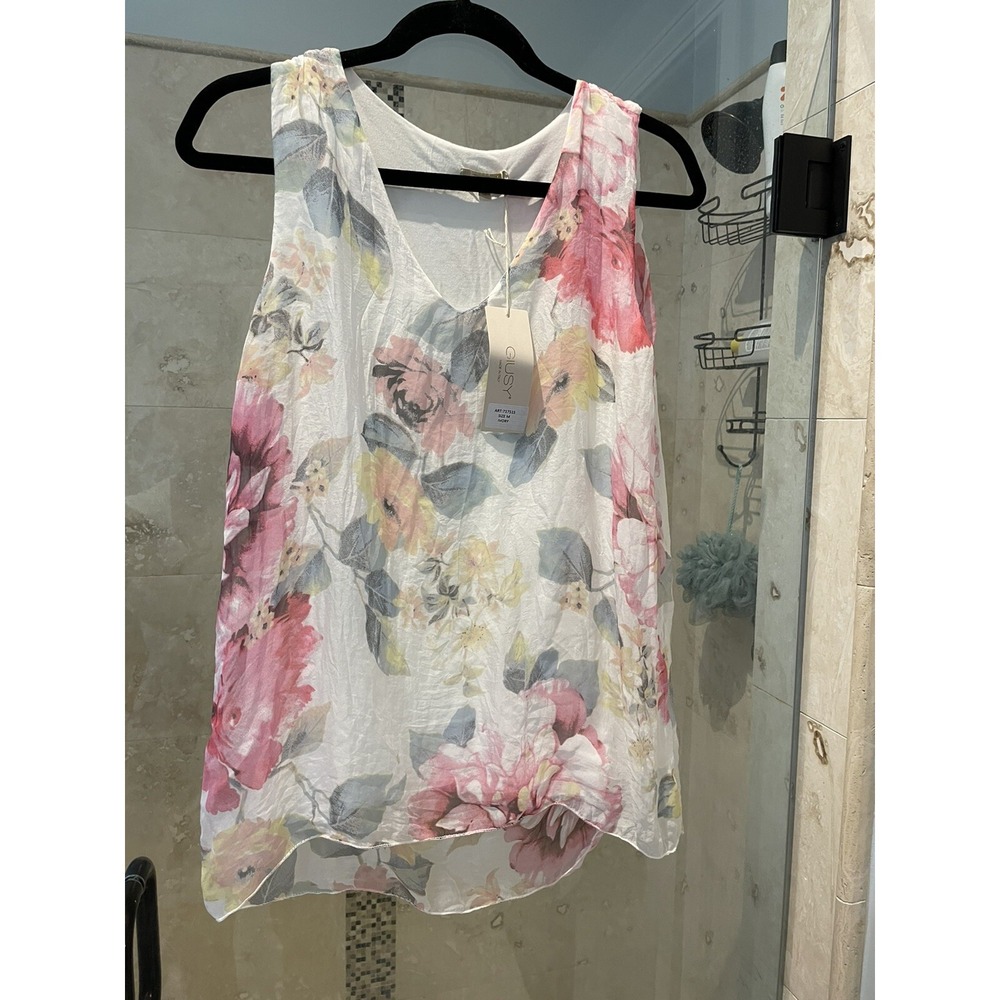 Giusy Women Pink White Floral Silk Sleeveless Hi Lo Flowy Blouse Top M NWT